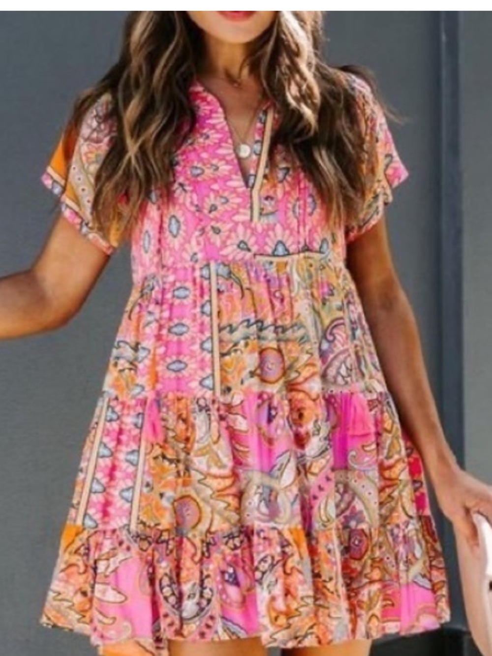 Vici Boho Floral Pink Tiered Short Sleeve Dress